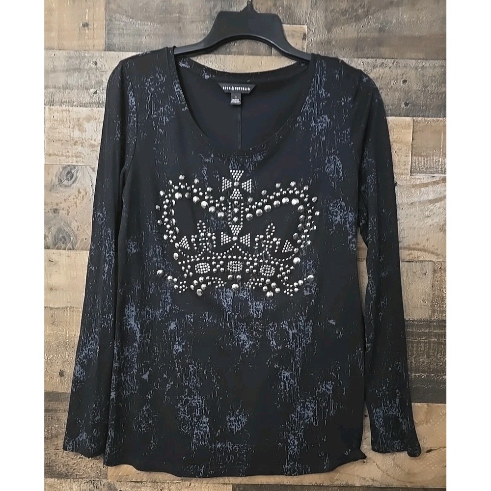 Rock & Republic Long-Sleeve Graphic Tee Women Medium Crown Fairy Goth Witchy